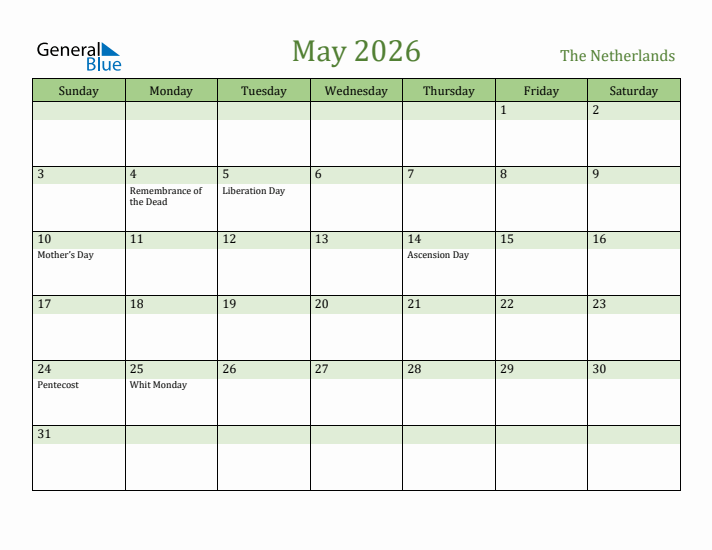 May 2026 Calendar with The Netherlands Holidays