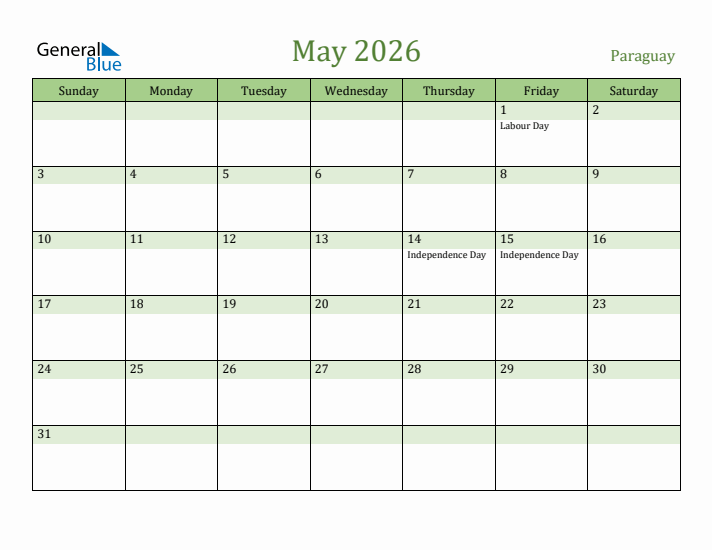 May 2026 Calendar with Paraguay Holidays