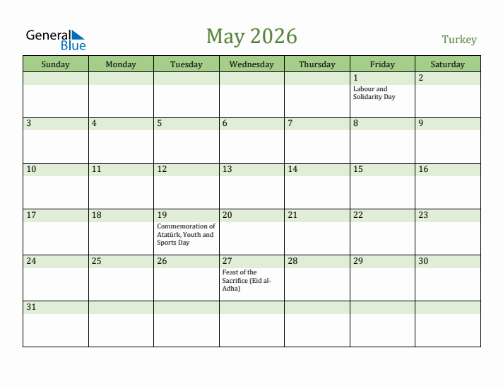 May 2026 Calendar with Turkey Holidays