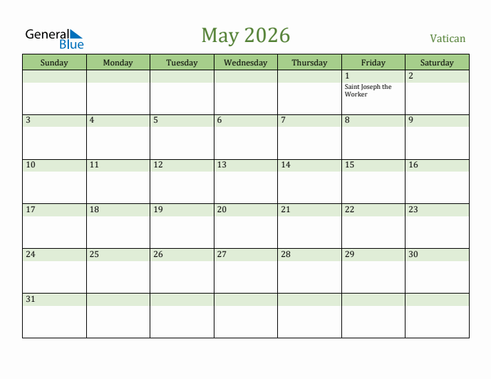 May 2026 Calendar with Vatican Holidays