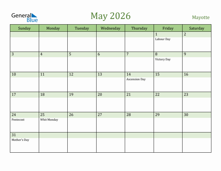 May 2026 Calendar with Mayotte Holidays