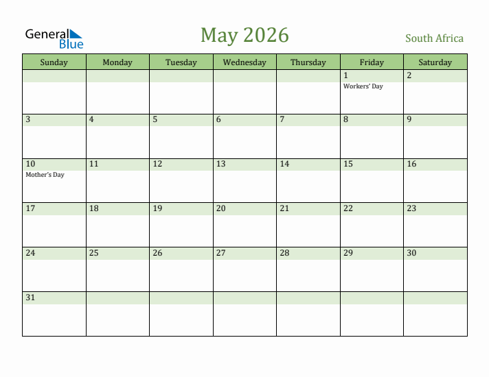 May 2026 Calendar with South Africa Holidays