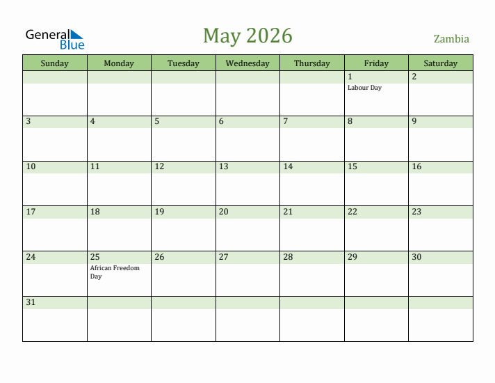 May 2026 Calendar with Zambia Holidays