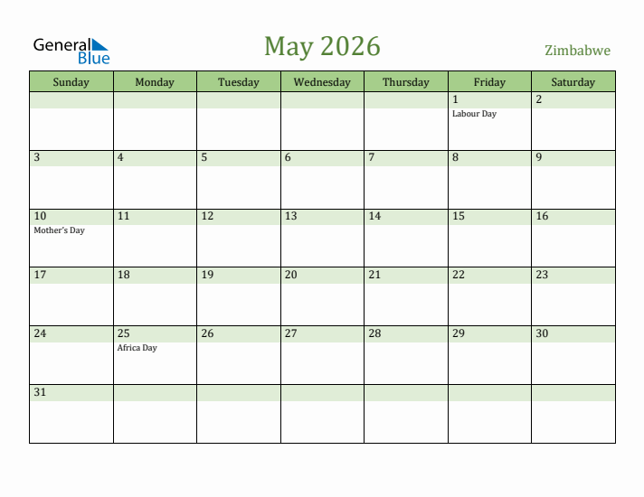 May 2026 Calendar with Zimbabwe Holidays