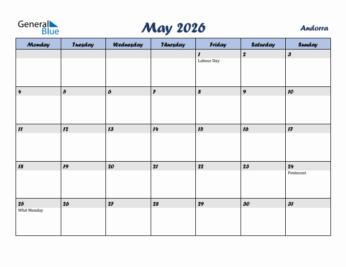 May 2026 Calendar with Holidays in Andorra