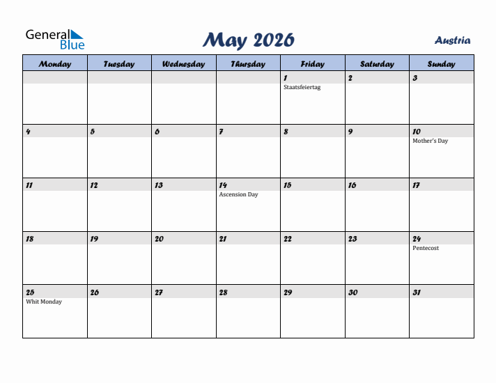 May 2026 Calendar with Holidays in Austria