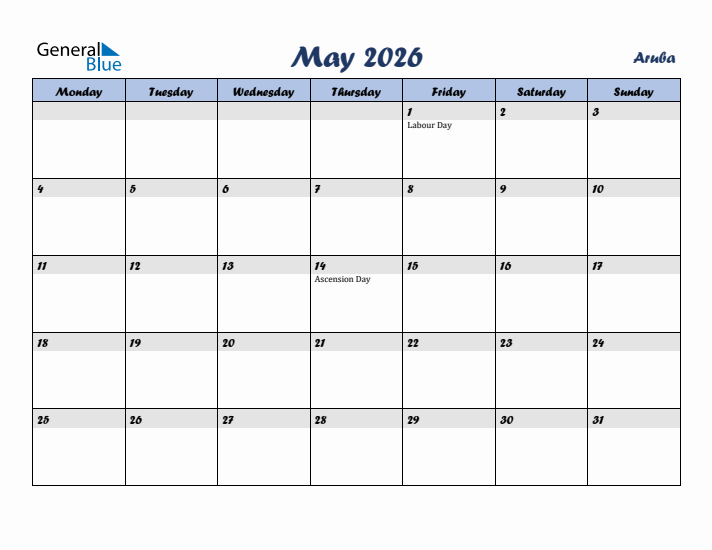 May 2026 Calendar with Holidays in Aruba