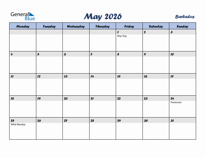 May 2026 Calendar with Holidays in Barbados