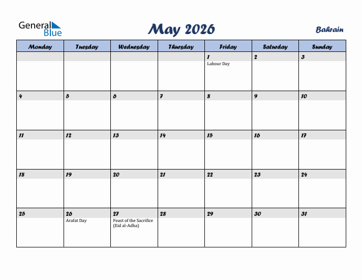 May 2026 Calendar with Holidays in Bahrain