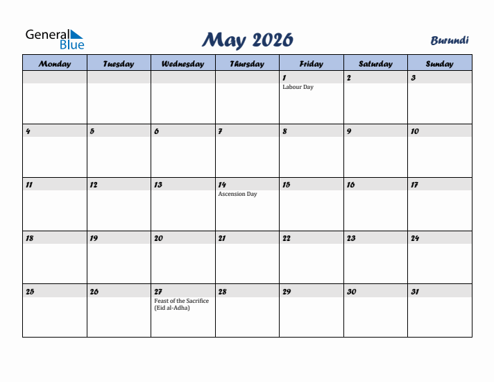 May 2026 Calendar with Holidays in Burundi