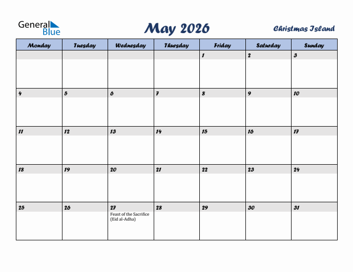 May 2026 Calendar with Holidays in Christmas Island