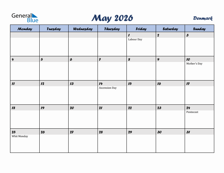 May 2026 Calendar with Holidays in Denmark