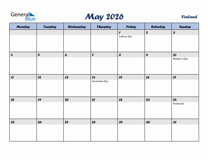 May 2026 Calendar with Holidays in Finland