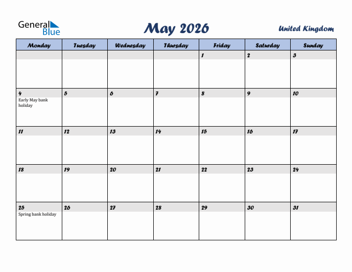 May 2026 Calendar with Holidays in United Kingdom