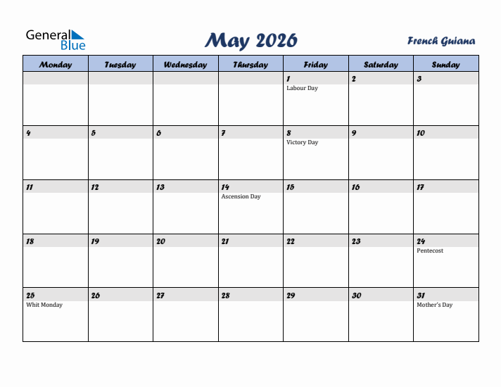 May 2026 Calendar with Holidays in French Guiana