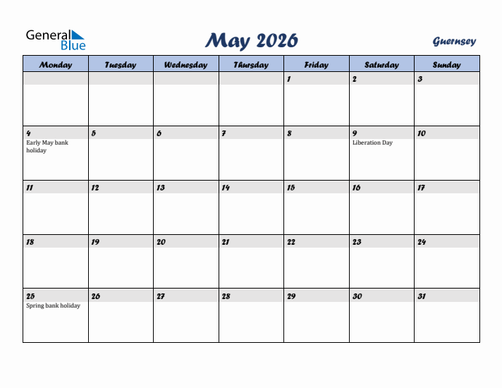 May 2026 Calendar with Holidays in Guernsey