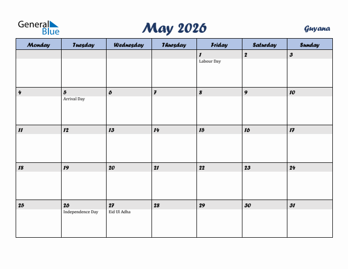 May 2026 Calendar with Holidays in Guyana