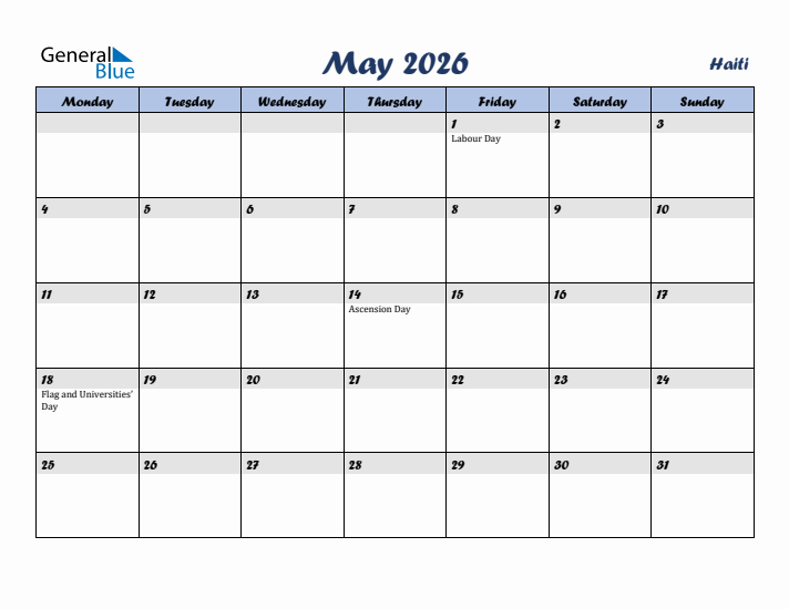 May 2026 Calendar with Holidays in Haiti