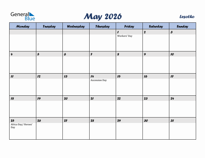 May 2026 Calendar with Holidays in Lesotho