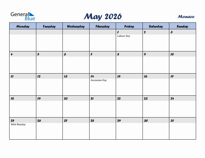 May 2026 Calendar with Holidays in Monaco