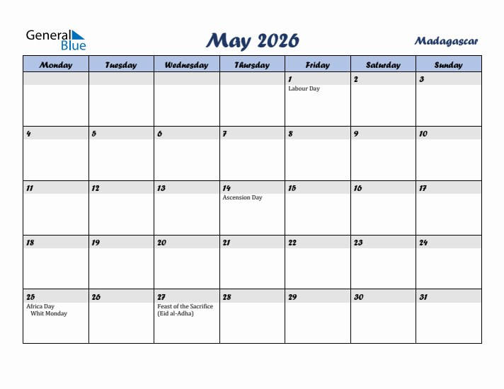 May 2026 Calendar with Holidays in Madagascar