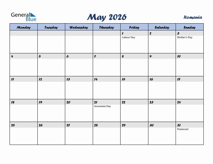 May 2026 Calendar with Holidays in Romania