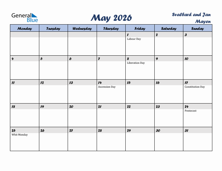 May 2026 Calendar with Holidays in Svalbard and Jan Mayen