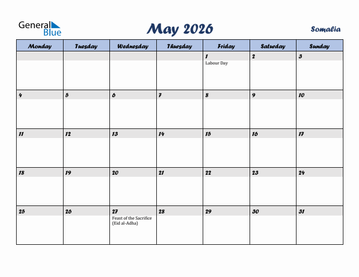 May 2026 Calendar with Holidays in Somalia