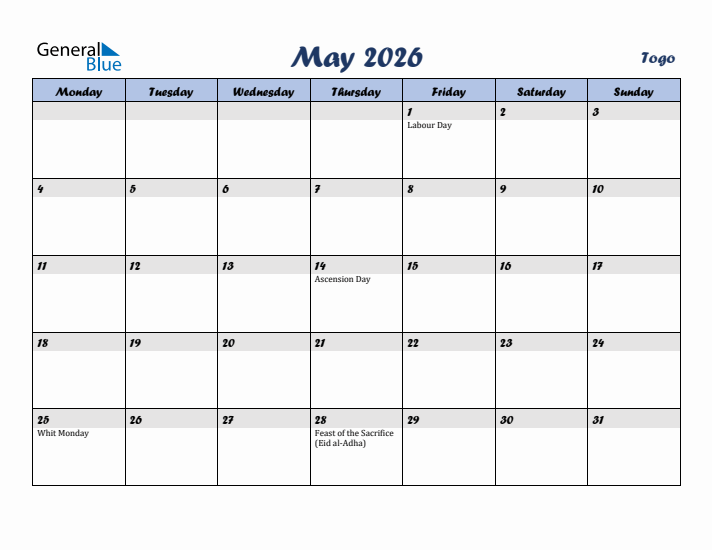 May 2026 Calendar with Holidays in Togo