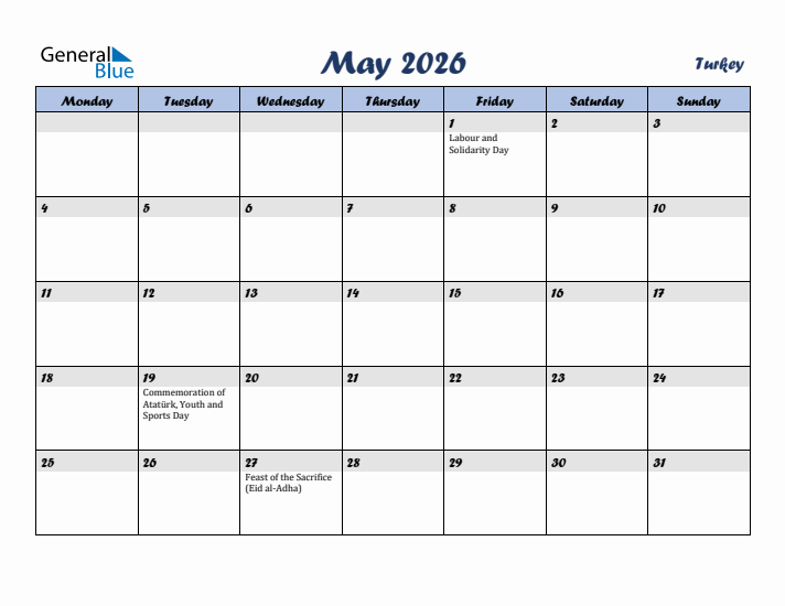 May 2026 Calendar with Holidays in Turkey