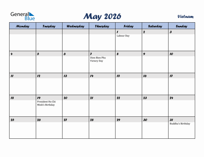 May 2026 Calendar with Holidays in Vietnam