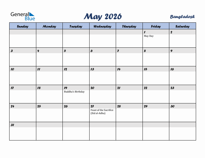 May 2026 Calendar with Holidays in Bangladesh