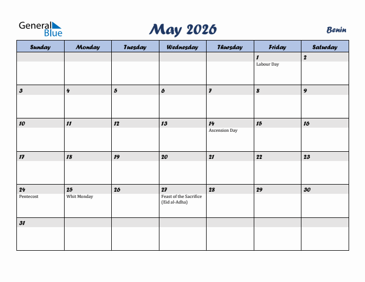 May 2026 Calendar with Holidays in Benin