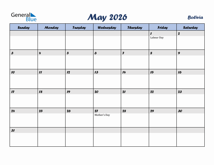 May 2026 Calendar with Holidays in Bolivia