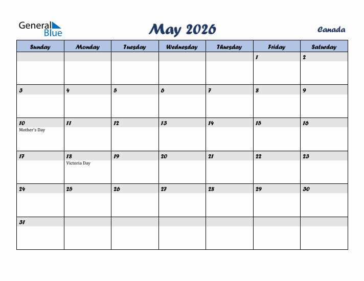 May 2026 Calendar with Holidays in Canada