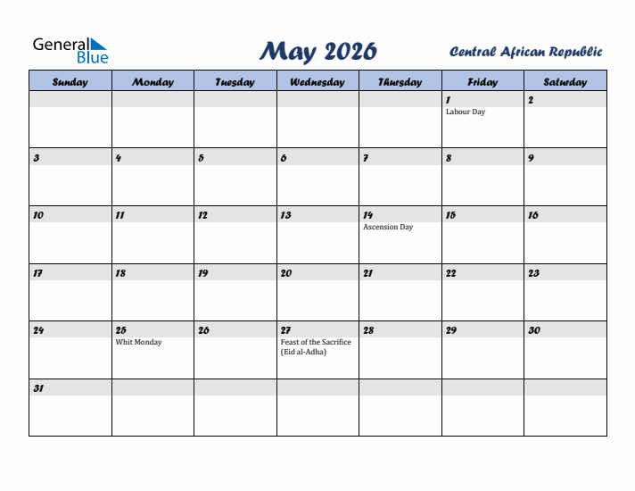 May 2026 Calendar with Holidays in Central African Republic