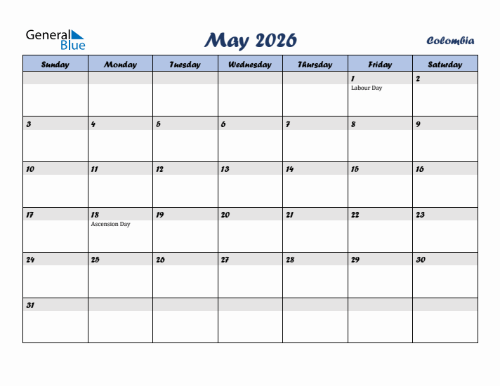 May 2026 Calendar with Holidays in Colombia