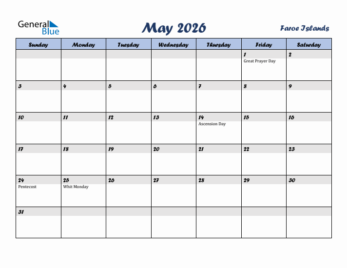 May 2026 Calendar with Holidays in Faroe Islands