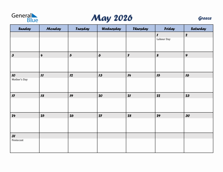 May 2026 Calendar with Holidays in Greece