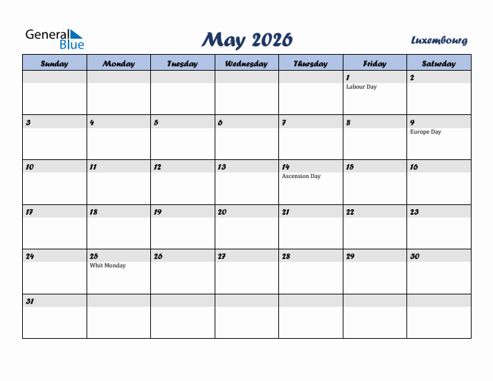 May 2026 Calendar with Holidays in Luxembourg