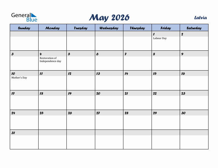 May 2026 Calendar with Holidays in Latvia