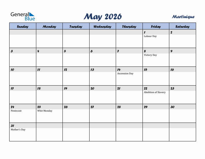 May 2026 Calendar with Holidays in Martinique