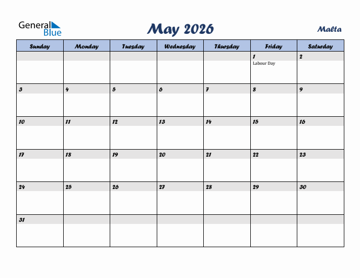 May 2026 Calendar with Holidays in Malta