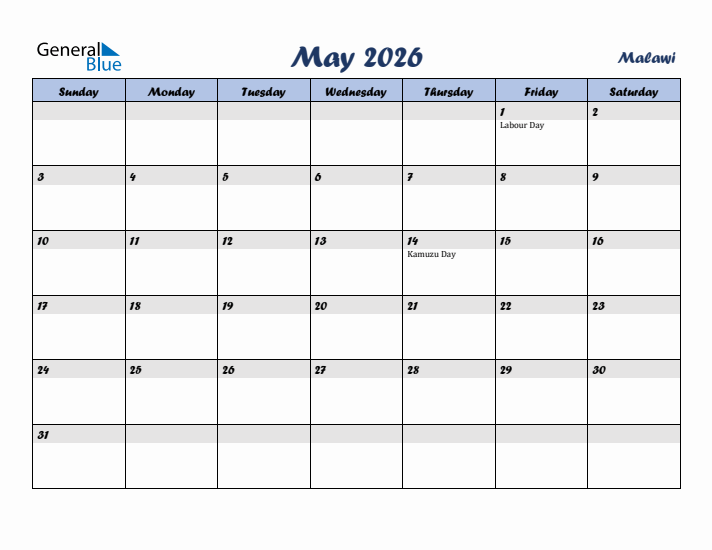 May 2026 Calendar with Holidays in Malawi