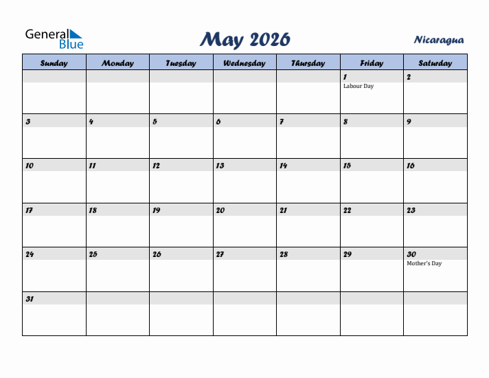 May 2026 Calendar with Holidays in Nicaragua