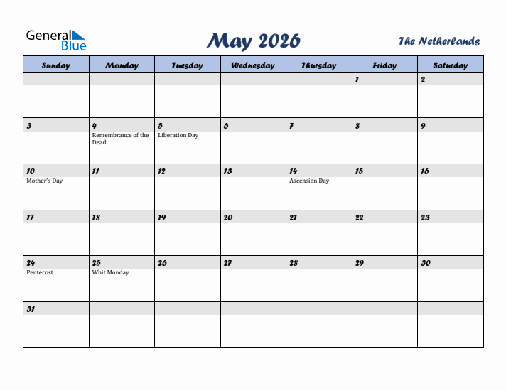 May 2026 Calendar with Holidays in The Netherlands