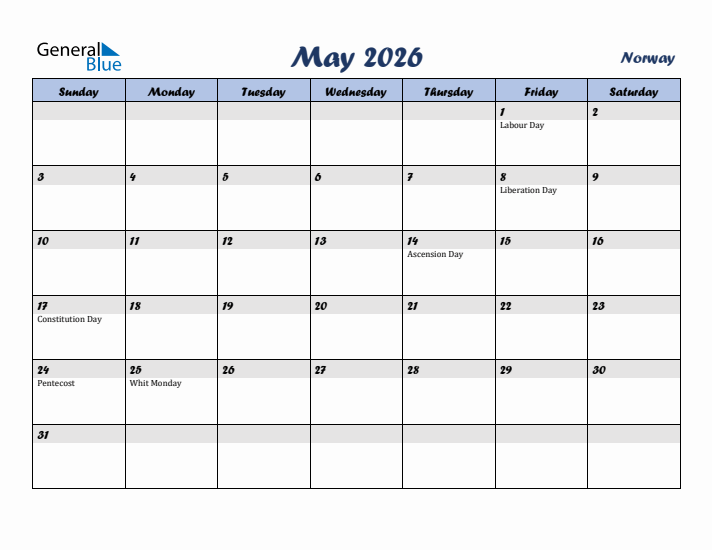 May 2026 Calendar with Holidays in Norway