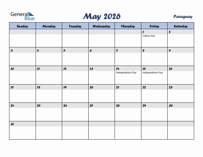 May 2026 Calendar with Holidays in Paraguay