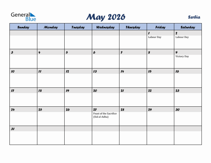 May 2026 Calendar with Holidays in Serbia