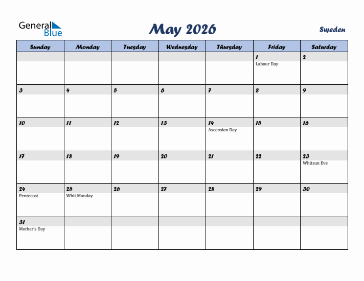 May 2026 Calendar with Holidays in Sweden